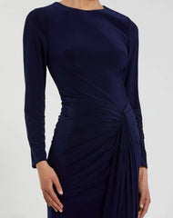 Navy Long Sleeve Fitted Jersey Gown With Ruched Waist