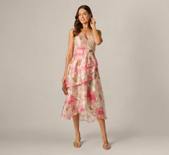 Floral Organza Cascade High Low Midi Dress In Sage Multi