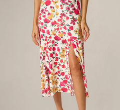 Flounce Collar Floral Print Midi Dress In Ivory Multi