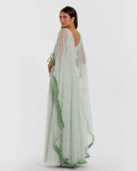 Green Beaded Cape Sleeve Gown With Ruffle Trim