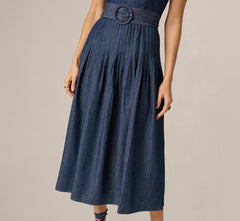 Cotton Denim Drop Waist Belted Midi Dress In Dark Denim