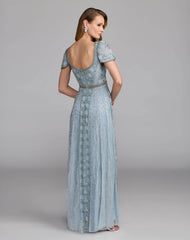 Blue Short Sleeve Scoop Neck Embellished Gown