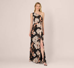 One Shoulder Floral Ribbon Stripe Gown In Black Multi