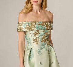 Floral Jacquard Ankle Length Dress With Off The Shoulder Neckline In Sage Gold