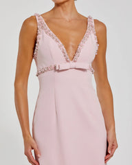 Pink Crepe Fitted Midi Dress With Bow And Beaded Trim