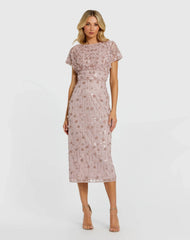 Cap Sleeve Sheath Midi Dress With Floral Beading