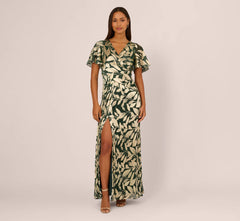Foil Leaf Short Sleeve Gown With Draped Details In Green Pine Gold