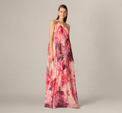 One Shoulder Peony Floral Chiffon Scarf Gown In Pink Multi