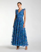 Blue Floral V-Neck Ruffle Maxi Dress
