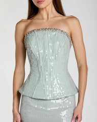 Blue Strapless Sequin Peplum Gown With Rhinestone Trim