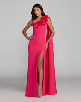 Pink One Shoulder 3D Floral Cape Gown
