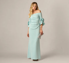 Off Shoulder Bell Sleeve Rosette Gown In Airy Aqua