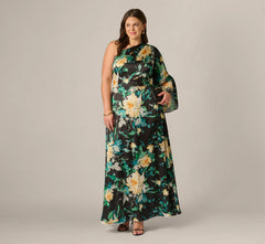 Plus Size One Shoulder Long Sleeve Floral Satin Gown In Black Multi