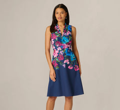 Collared Floral Border Twill Midi Dress In Navy Multi