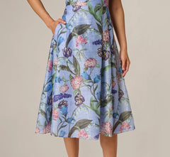 Cap Sleeve Floral Jacquard A Line Midi Dress In Blue Multi