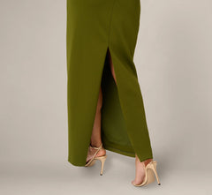 Asymmetrical Draped Column Gown In Jungle Olive