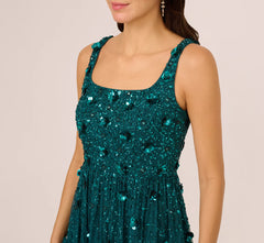 Sleeveless Floral Beaded Ruffle Midi Dress In Deep Azure