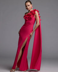 Pink One Shoulder 3D Floral Cape Gown