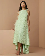 Green Sleeveless Feather Embellished High Low Gown