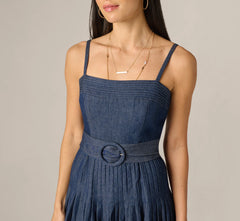 Cotton Denim Drop Waist Belted Midi Dress In Dark Denim