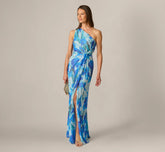 One Shoulder Floral Chiffon Draped Gown In Blue Multi