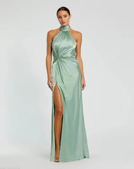 Green Sleeveless Open Back Satin Gown