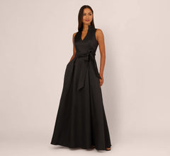 Sleeveless Queen Anne Tie Front Ballgown In Black
