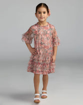Girls Pink Floral Printed Short Sleeve Ruffle Dress