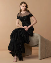 Black Embellished High Neck Gown With Tiered Ruffle Skirt