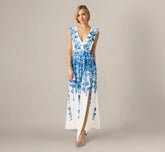 Chiffon Floral Vine Border Print Gown In Ivory Blue