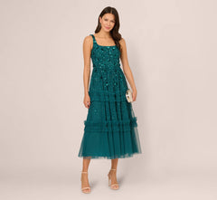 Sleeveless Floral Beaded Ruffle Midi Dress In Deep Azure