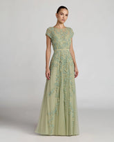 Green Floral Embellished Cap Sleeve Gown