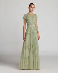 Green Floral Embellished Cap Sleeve Gown