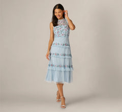 Sleeveless Floral Beaded Embroidery Ruffle Midi Dress In Elegant Sky Multi