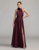 Purple Halter Neck Open Back Satin Gown With Slit