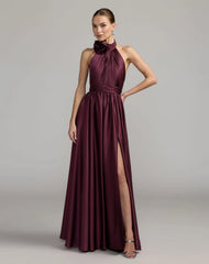 Soft Tie Halter Neck High Slit Gown
