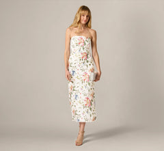 Strapless Floral Beaded Embroidery Midi Dress In Ivory Multi