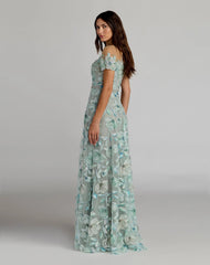 Green High Neck Cap Sleeve Embellished A-Line Gown