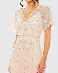 Pink V Neck Embellished Flutter Sleeve A Line Gown