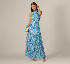 Tiered Metallic Floral Chiffon Halter Gown In Blue Multi
