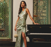 Foil Printed Asymmetric Gown With Ruffled Detail In Sage Gold