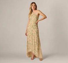 One Shoulder Floral Vine Beaded High Low Gown In Light Champagne