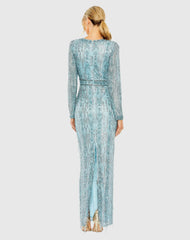 Blue Long Sleeve Beaded Gown with Crystal Fringe