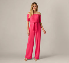 Off Shoulder Tie Front Stretch Jumpsuit In Camellia