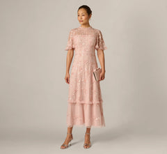 Flutter Sleeve Ruffle Floral Beaded Midi Dress In Blush Whisper