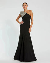 Petite Black Crepe One Shoulder Mermaid Gown With Flower