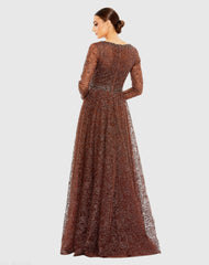 Brown Embellished Illusion Long Sleeve V Neck Gown