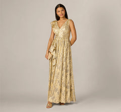 Sleeveless Metallic Crinkle Ruffle Gown In Champagne Gold