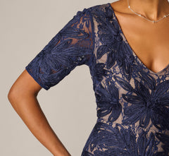 Short Sleeve Lace Soutache Embroidery Gown In Navy Nude