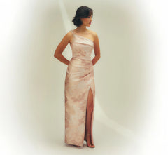 Beaded One Shoulder Floral Jacquard Draped Gown In Blush Multi